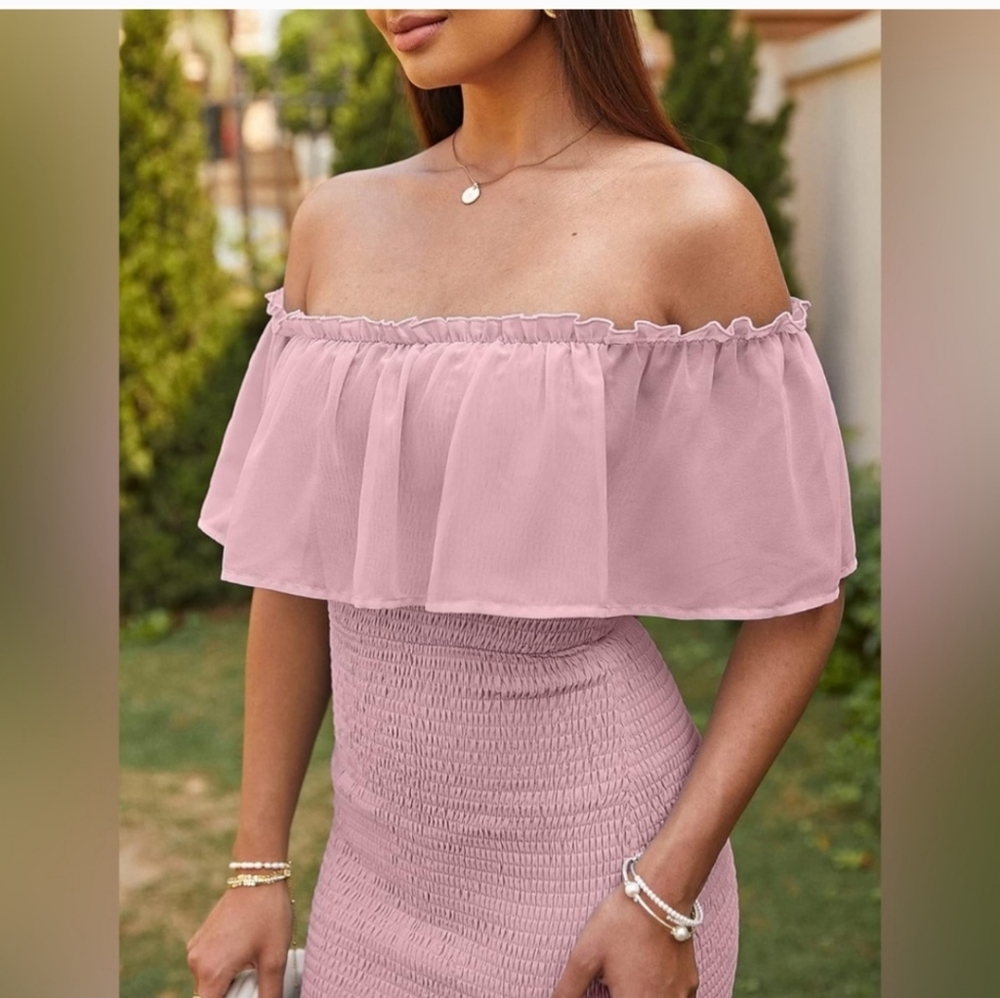 NWT Maxi Bodycon Pencil Elastic Ruffle Smocked Dress Pink Off Or On Shoulder